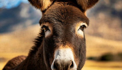 Extreme Close-up of a Brown Donkey Looking at Camera - Generative Ai