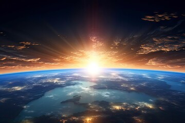 Naklejka na ściany i meble Panoramic view of the Earth, sun, star and galaxy. Sunrise over planet Earth, view from space - generative ai