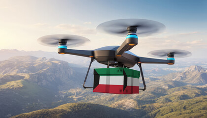 Naklejka na ściany i meble Package cardboard box with flag Kuwait drones fly above sky, business concept and air transportation industry, unmanned aircraft robot to home,and controlled by remote AI