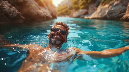 Happy man swimming in turquoise sea water, enjoying summer vacation