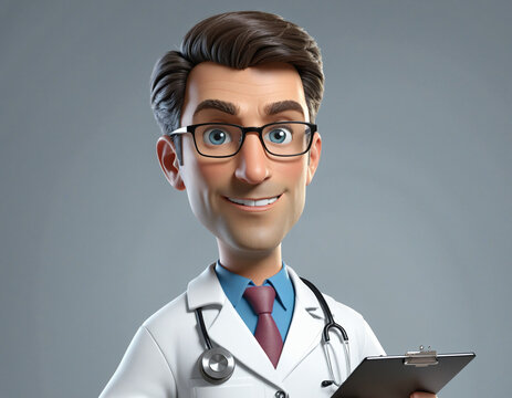 3d render, full size cartoon character doctor. Caucasian man wears white coat and glasses, shows clipboard with blank paper. Health insurance concept. Best choice or recommendation metaphor colorful b