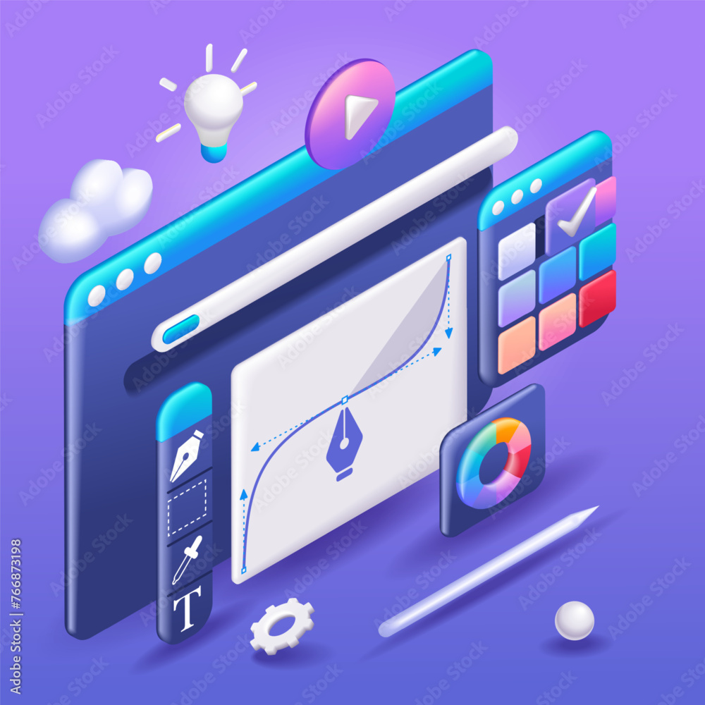 Poster 3d isometric illustration, cartoon. display with vector graphics interface. program. vector graphics