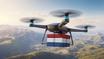 Naklejka na ściany i meble Package cardboard box with flag Netherlands drones fly above sky, business concept and air transportation industry, unmanned aircraft robot to home,and controlled by remote AI