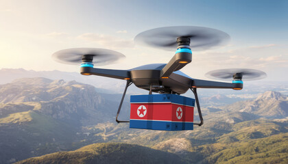 Naklejka na ściany i meble Package cardboard box with flag North Korea drones fly above sky, business concept and air transportation industry, unmanned aircraft robot to home,and controlled by remote AI