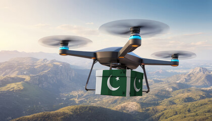 Package cardboard box with flag Pakistan drones fly above sky, business concept and air transportation industry, unmanned aircraft robot to home,and controlled by remote AI