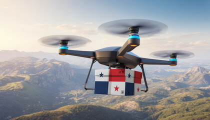 Package cardboard box with flag Panama drones fly above sky, business concept and air transportation industry, unmanned aircraft robot to home,and controlled by remote AI