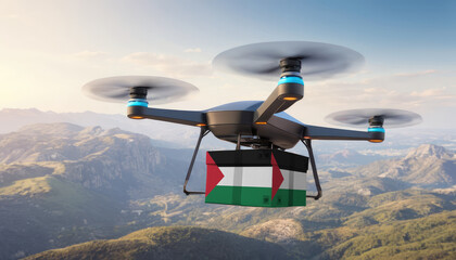 Naklejka na ściany i meble Package cardboard box with flag Palestine drones fly above sky, business concept and air transportation industry, unmanned aircraft robot to home,and controlled by remote AI