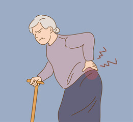 Elder Woman suffering from lower back pain. Elderly care. Caring of elderly. Hand-drawn, Vector Illustration.