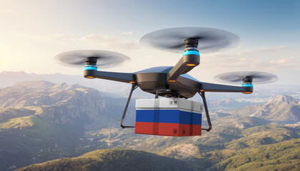 Naklejka na ściany i meble Package cardboard box with flag Russia drones fly above sky, business concept and air transportation industry, unmanned aircraft robot to home,and controlled by remote AI
