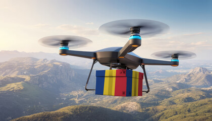 Package cardboard box with flag Romania drones fly above sky, business concept and air transportation industry, unmanned aircraft robot to home,and controlled by remote AI
