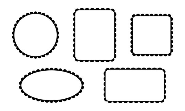 Set of round, square, rectangle and oval frames with wiggly borders. Tags, labels, stickers, text boxes templates with scallop edges isolated on white background. Vector graphic illustration.
