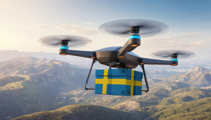 Naklejka na ściany i meble Package cardboard box with flag Sweden drones fly above sky, business concept and air transportation industry, unmanned aircraft robot to home,and controlled by remote AI