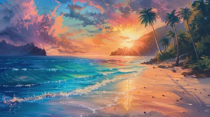 Fototapeten beach with crystal clear water, palm trees, and a colorful sunset. oil paint © wai