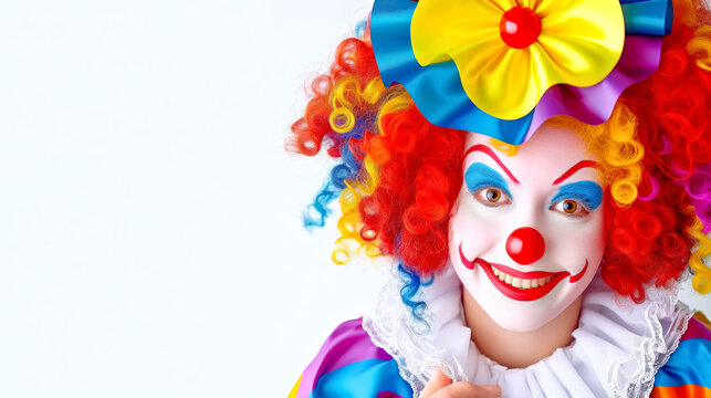 Clown with Multicolored Wig and Makeup Smilling Happily, closeup, white background. April Fool's Day concept.