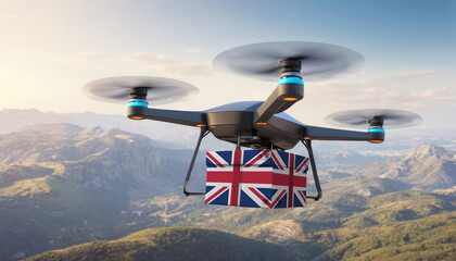 Naklejka na ściany i meble Package cardboard box with flag United Kingdom drones fly above sky, business concept and air transportation industry, unmanned aircraft robot to home,and controlled by remote AI