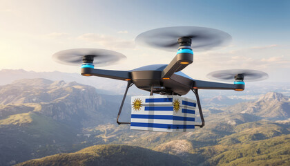 Package cardboard box with flag Uruguay drones fly above sky, business concept and air transportation industry, unmanned aircraft robot to home,and controlled by remote AI