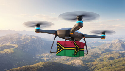 Naklejka na ściany i meble Package cardboard box with flag Vanuatu drones fly above sky, business concept and air transportation industry, unmanned aircraft robot to home,and controlled by remote AI