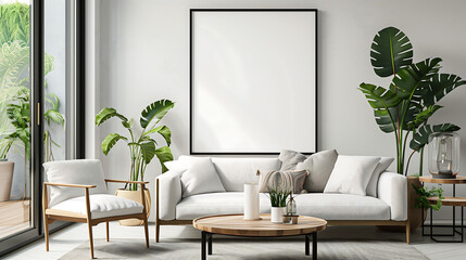 Modern minimalist interior with empty poster frame mockup