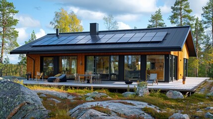 Fototapeta na wymiar Wooden house with installed solar panels. Alternative energy, saving resources and sustainable lifestyle concept.