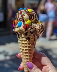 A woman's hand holds ice cream in a waffle cone in the summer light.