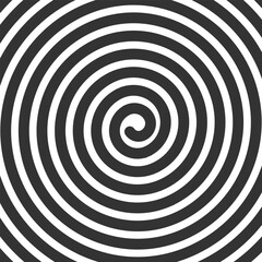 Spiral background. Wallpaper with thick black swirl line. Dizzy hypnotic monochrome pattern. Vertigo, whirlpool, tornado or whirlwind print. Snail shell texture. Vector graphic illustration.