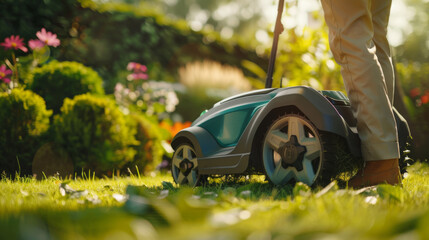 A robot lawnmower trims the grass in a lush garden. - obrazy, fototapety, plakaty