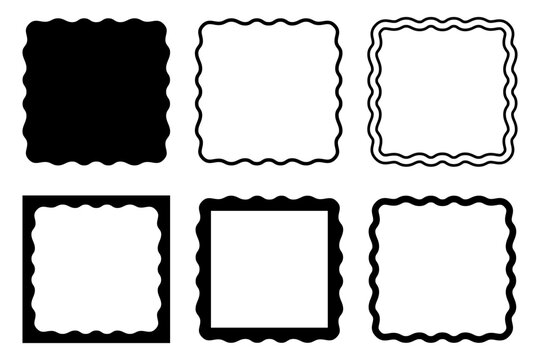 Set of different square frames with wiggly edges. Rectangular shapes with squiggly borders. Picture or photo frames, empty text boxes, tags or labels scrapbook elements. Vector graphic illustration.