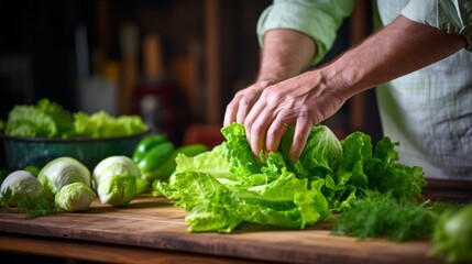 A man is cutting lettuce on a wooden cutting board - Powered by Adobe