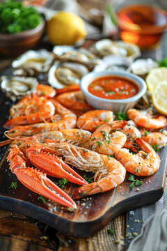 Seafood Platter with Fresh Oysters and Prawns. An appetizing seafood platter featuring fresh oysters, prawns, lemon wedges, and cocktail sauce, ready to be enjoyed.	