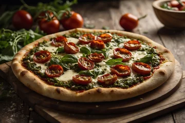 Foto op Aluminium Handgemachte Pesto-Pizza mit Mozzarella, sonnengetrockneten Tomaten und Rucola © KraPhoto