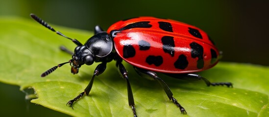 An insect known as a ladybug is perched on a vibrant green leaf. Ladybugs are beneficial bugs that help control pest populations in gardens