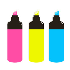 Colorful marker pen icon set. Cartoon bright pink, yellow, blue markers pens collection. Highlighter pencil for school. Educational tool. White background. Isolated. Flat design. Vector illustration - 766875128