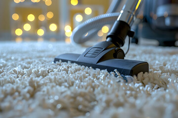 Close-up of a vacuum cleaner being used on a fluffy white carpet in a cozy home setting - obrazy, fototapety, plakaty
