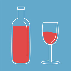 Red wine bottle with wine glass set. White contour outline icon. Minimal line flat design. Shining glossy utensils. Food and drink concept. Menu template. Blue background Isolated. Vector illustration - 766875194