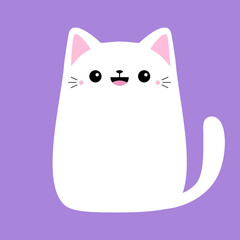 Cute white cat silhouette icon. Funny kitten face head, tail. Cartoon kawaii baby character. Pet animal. Pink ears, cheeks. Valentines day love card. Sticker print Flat design Violet background Vector - 766875323