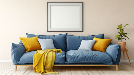 Minimalist blue sofa interior with empty poster frame mockup