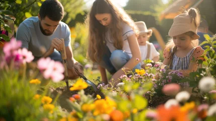 Papier Peint photo Lavable Orange A happy family enjoying leisure time, picking beautiful flowers in a natural landscape surrounded by plants, trees, and grass. AIG41