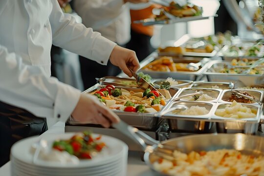 Indoor Buffet Service at a Restaurant for Festive Events or Wedding Receptions. Concept Buffet Setup, Catering Services, Festive Decor, Event Hosting, Wedding Receptions