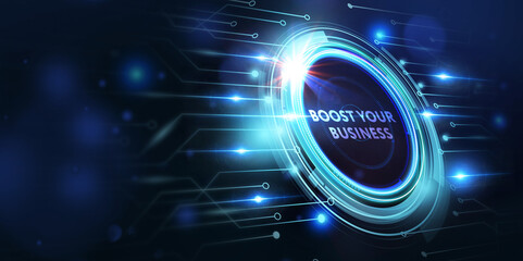 Business, Technology, Internet and network concept. Young businessman shows the word: Boost your business. 3d illustration