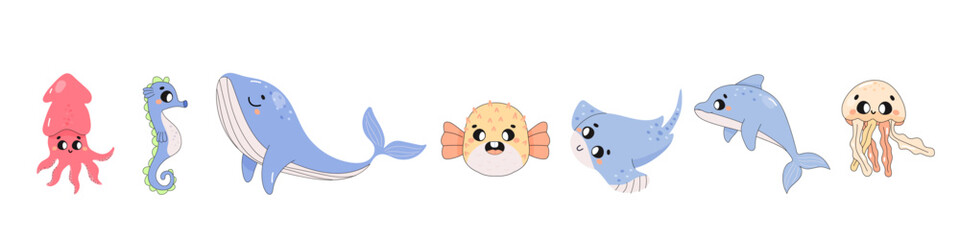 cute sea animals, set, on white background, fugu, whale, dolphin, cuttlefish, jellyfish. Underwater world.