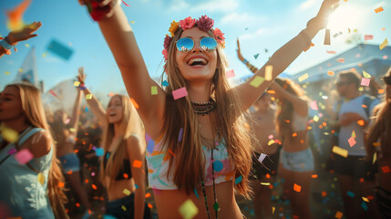 Cheerful woman during a music festival on sunny day - 766875782