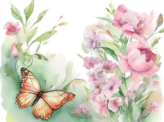 花の蜜を吸う蝶の水彩イラスト Generative AI