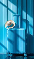 Elegant Light Blue Suitcase and Hat on blue Background. Travel, fashion, and leisure concept