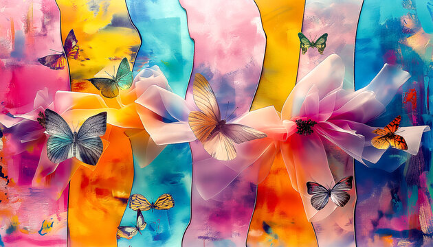 A colorful painting of butterflies and flowers. Background with featuring delicate bows and fluttering butterflies set against a backdrop of vibrant painted stripes in a rainbow of colors