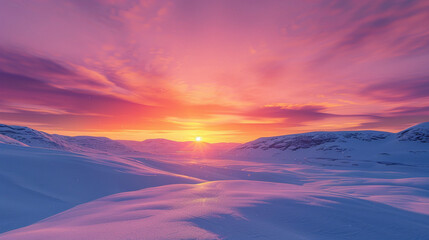 Winter's Embrace: Sunset Hues on a Snowy Wonderland - obrazy, fototapety, plakaty