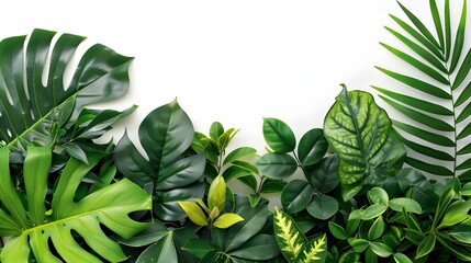 A shrubby composition of green leaves of tropical plants, highlighted on a white background, creates an atmosphere of comfort and freshness, bringing natural harmony to your home or office.