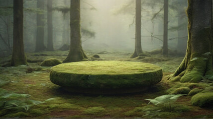 Empty round stand hidden in the middle of fantasy fairy tale magical forest. Flat stone podium under soft moss during foggy morning, majestic green scene.	