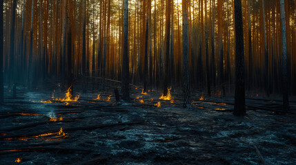 Bosque quemado después de un incendio - obrazy, fototapety, plakaty