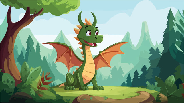 Cute dragon in the forest scene flat vector isolated