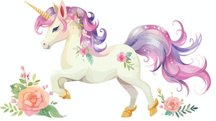 Obraz na płótnie Canvas Cute fairy unicorn hand painted watercolor flat vector